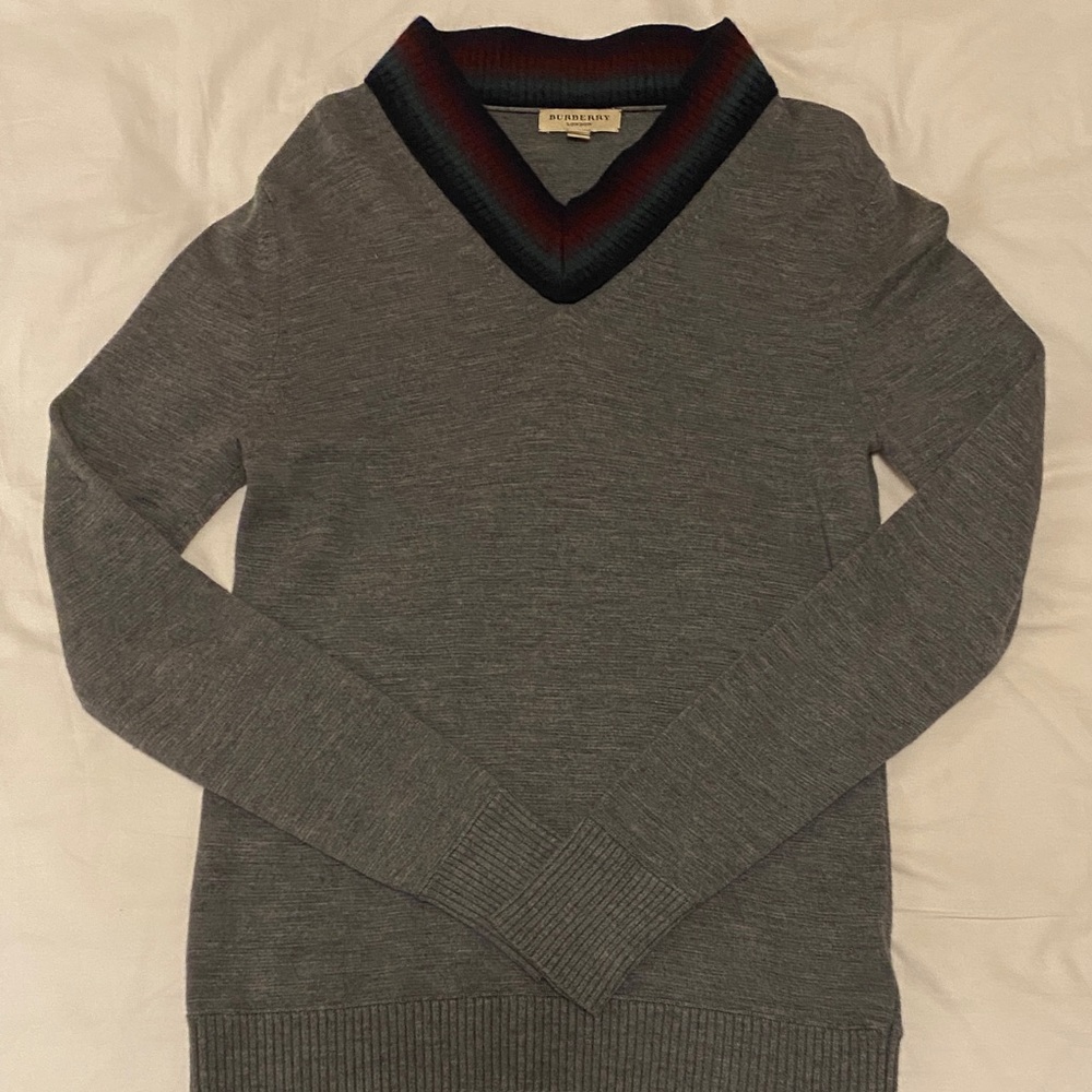 Burberry Gray V-Neck Sweater with Striped Collar
